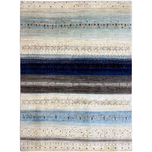 Gabbeh rug with a cream-colored base and horizontal blue and anthracite stripes