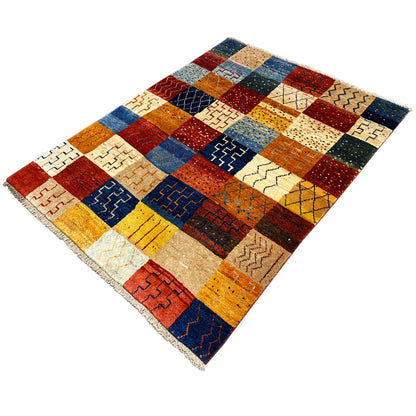 Gabbeh rug, rectangular, colorful patchwork with geometric patterns and fringes