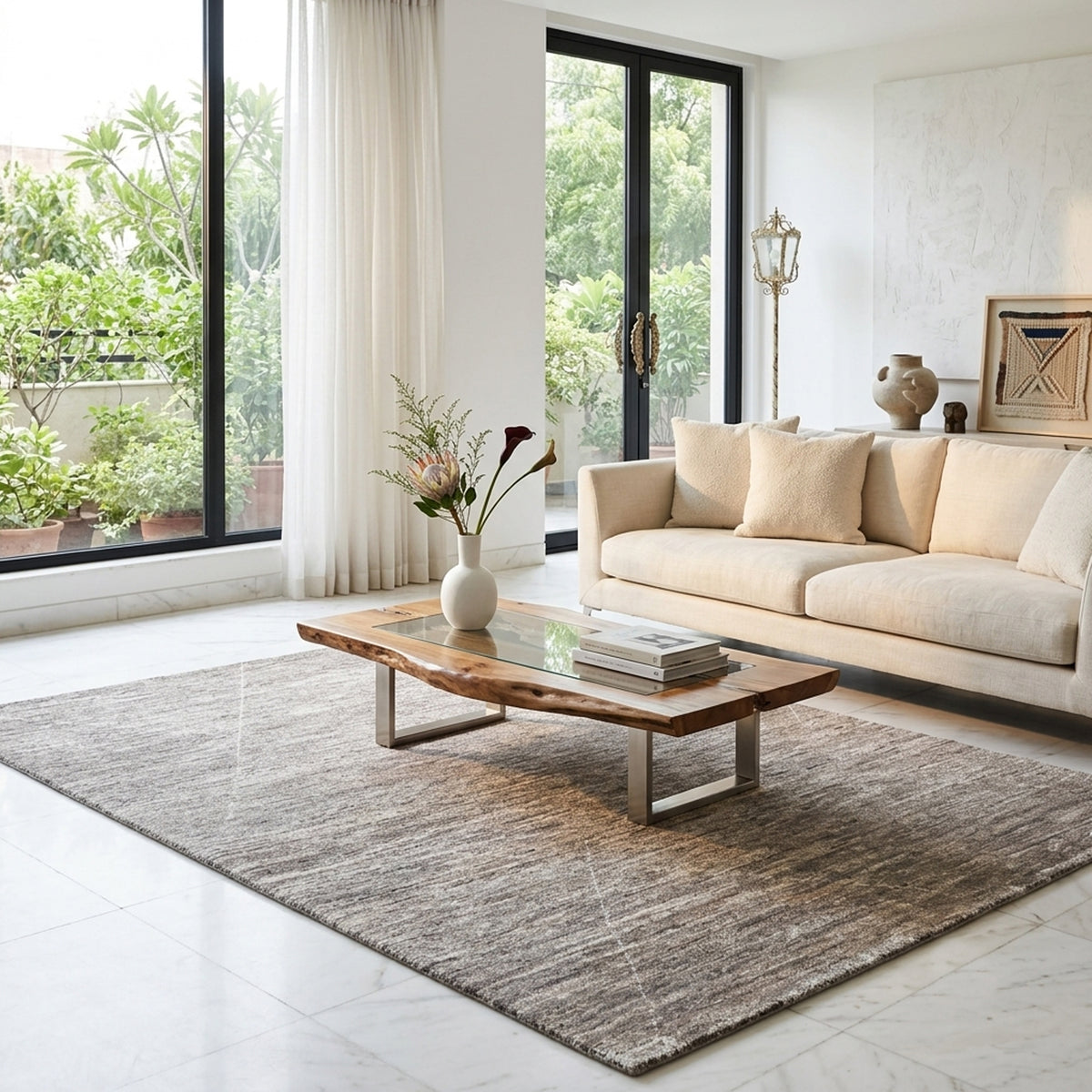 Gabbeh-Teppich 211x149 cm im Wohnbereich, rechteckig, Grau-Beige meliert