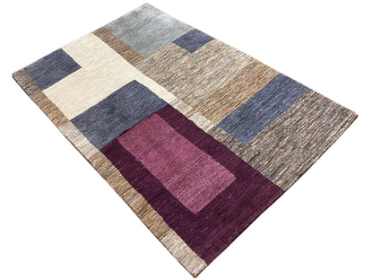 Gabbeh-Teppich, quadratisches Muster in Beige, Dunkelblau, Grau und Bordeaux
