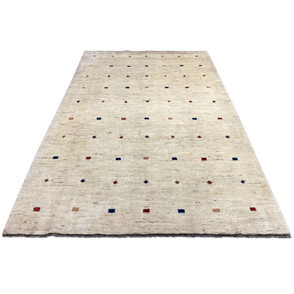 Gabbeh rug with a light beige field and colorful square grid