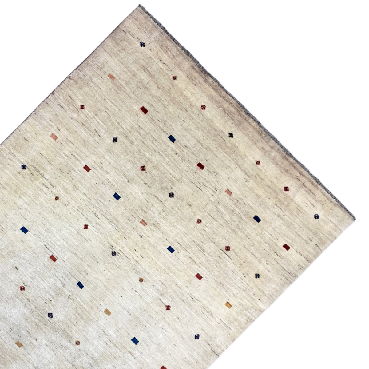 Gabbeh rug with a light beige background and small colorful square pattern