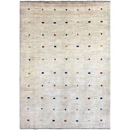 Gabbeh rug with a light beige field and colorful dot/square pattern