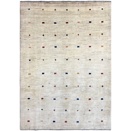 Gabbeh rug with a light beige field and colorful dot/square pattern