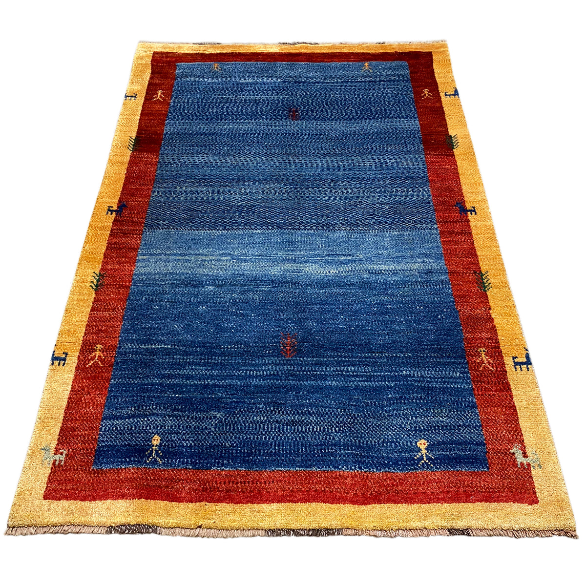 Carpet with a blue center, red border, beige edging, and fine lines