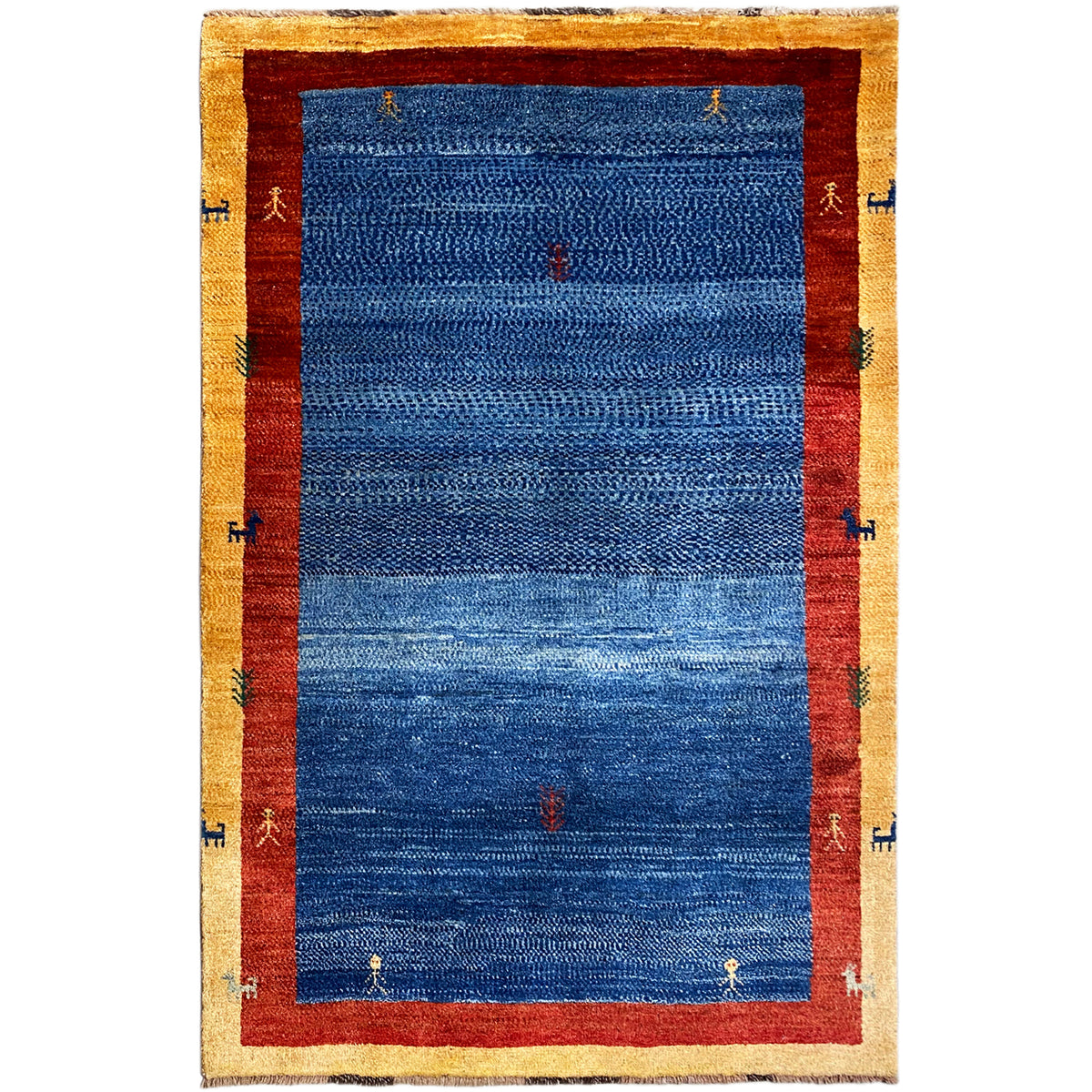 Rug with a blue background, red border, beige trim, and small patterns