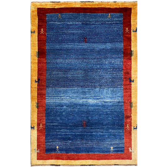 Rug with a blue background, red border, beige trim, and small patterns