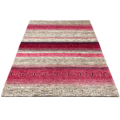 Large Gabbeh rug with a striped design in red and beige, mottled texture