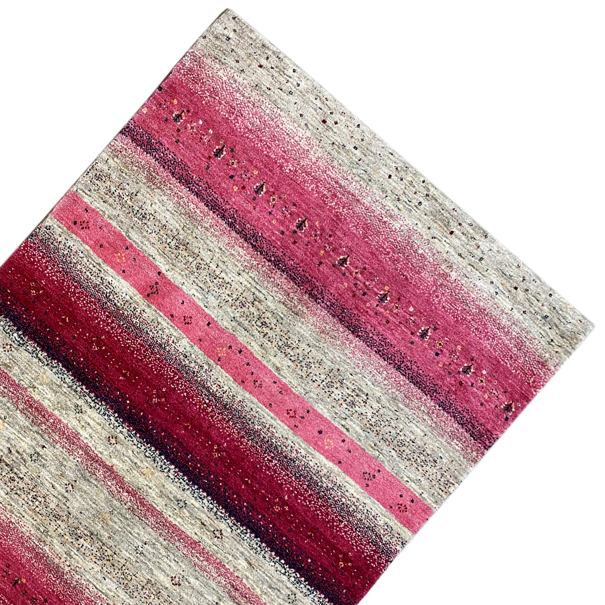 Gabbeh rug with wide diagonal red and beige stripes and sparkling flecks of color