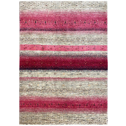 Gabbeh rug with reddish-brown and beige stripes, fine dotted patterns
