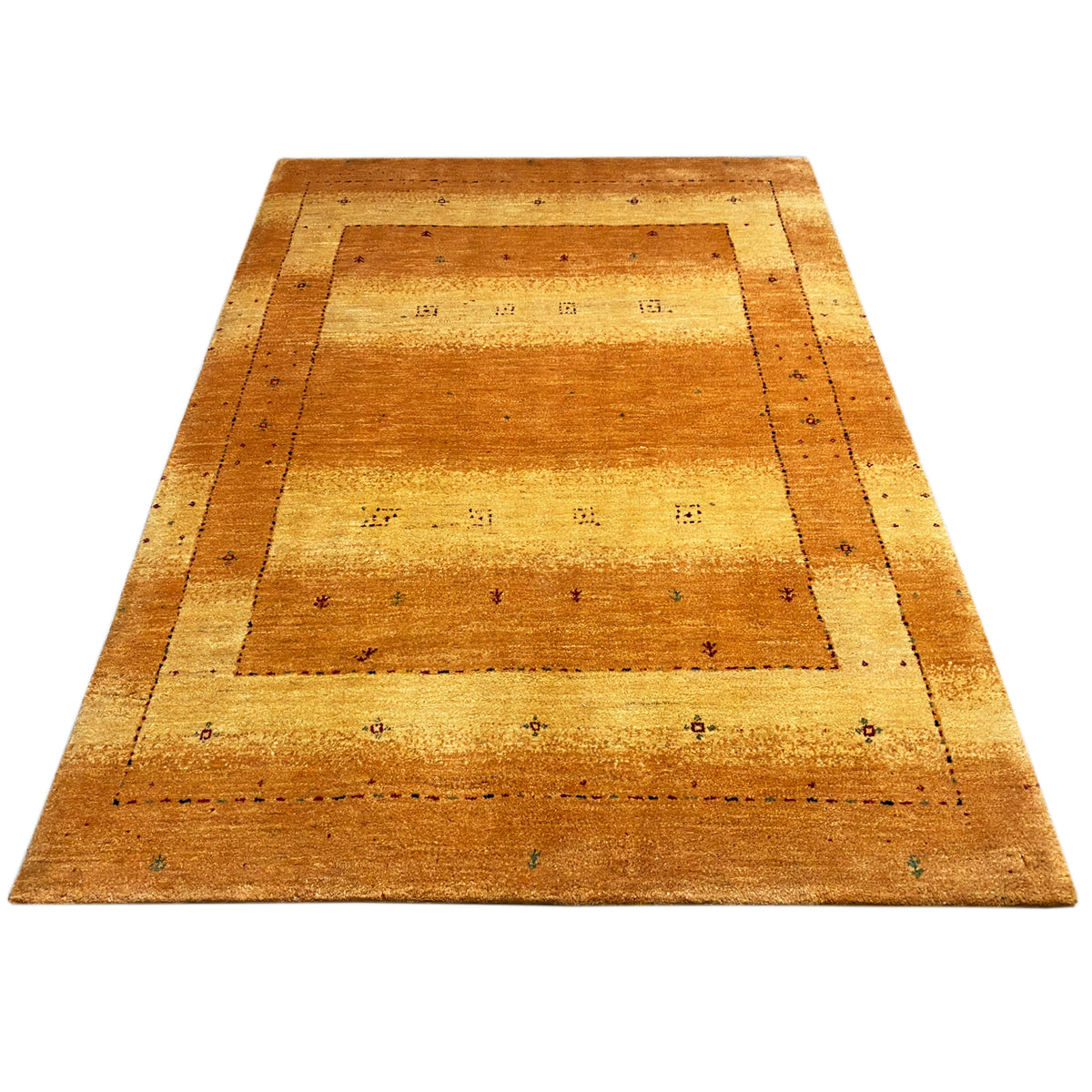 Gabbeh rug 235x165 cm, flat-woven: warm ochre with a central medallion and border