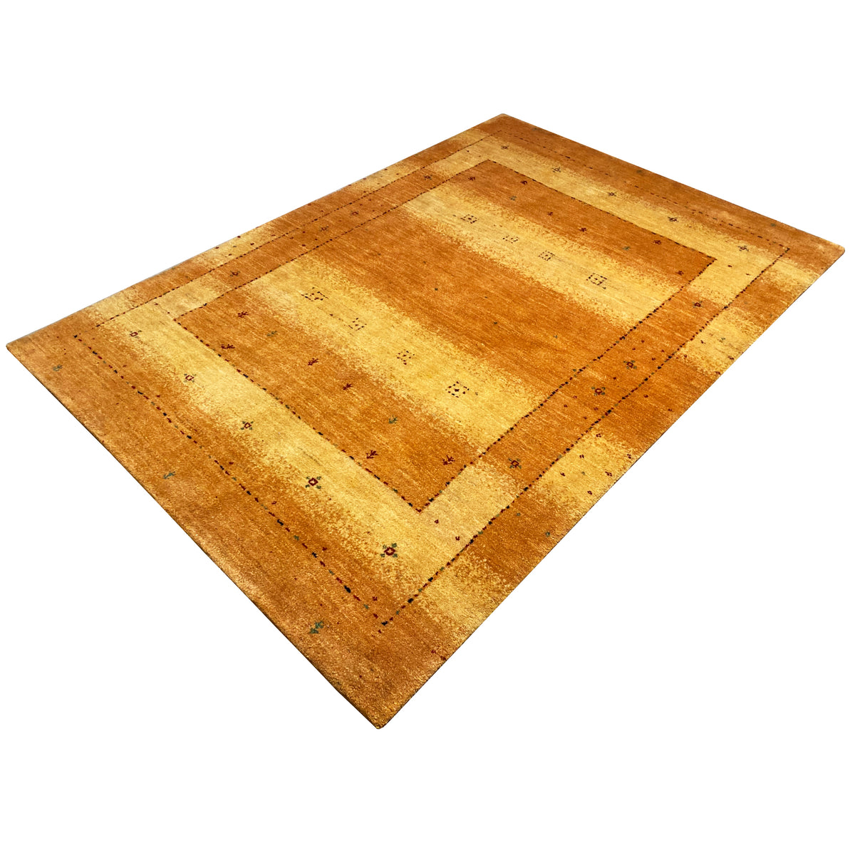 Gabbeh rug 235x165 cm, diagonal: ochre border and geometric accents