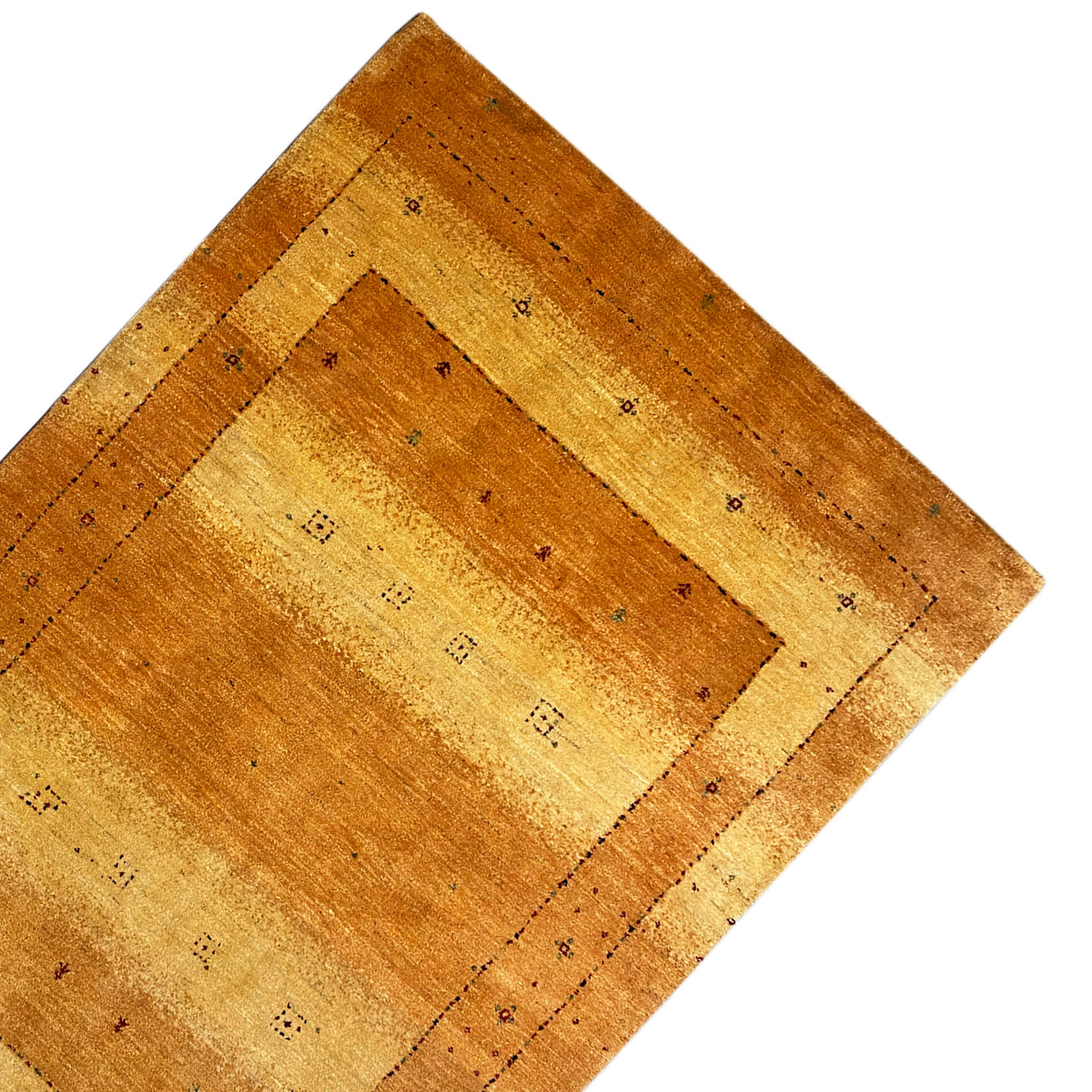 Top view of a rug: ochre border and central square with subtle patterns