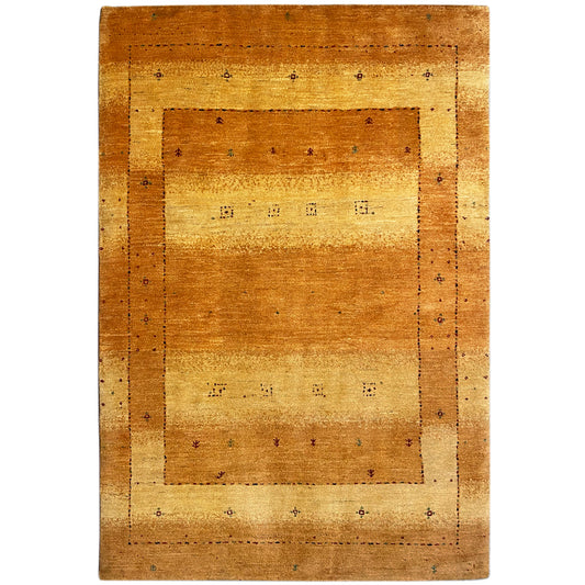 Gabbeh rug 235x165 cm: rectangular ochre pattern with dark decorative dots