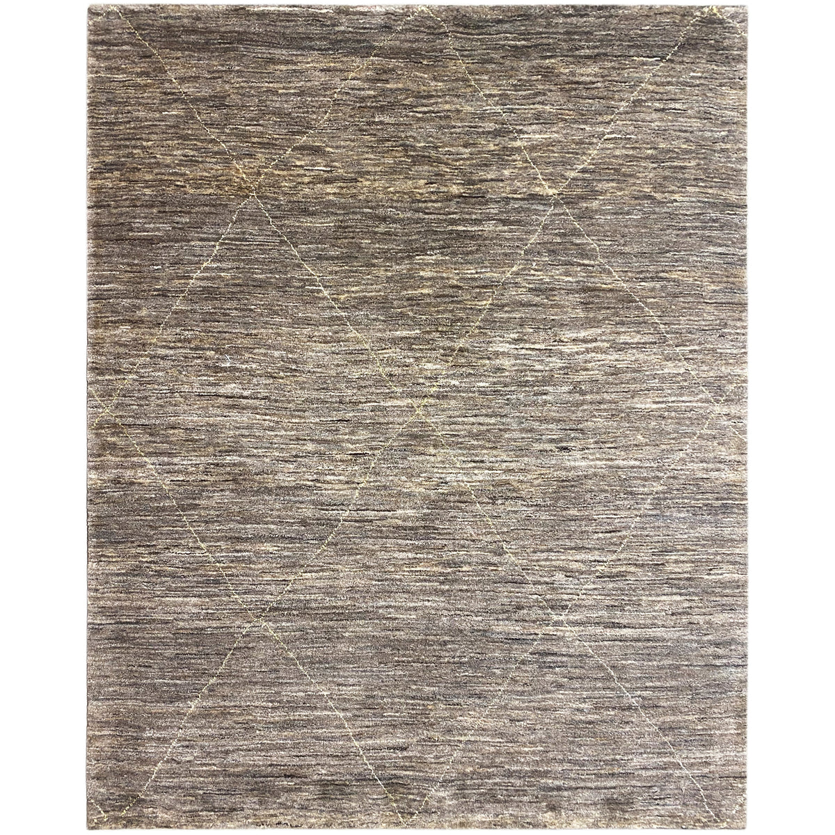 Gabbeh-Teppich in Grau-Beige mit feinem geometrischem Linienmuster und melierter Optik.