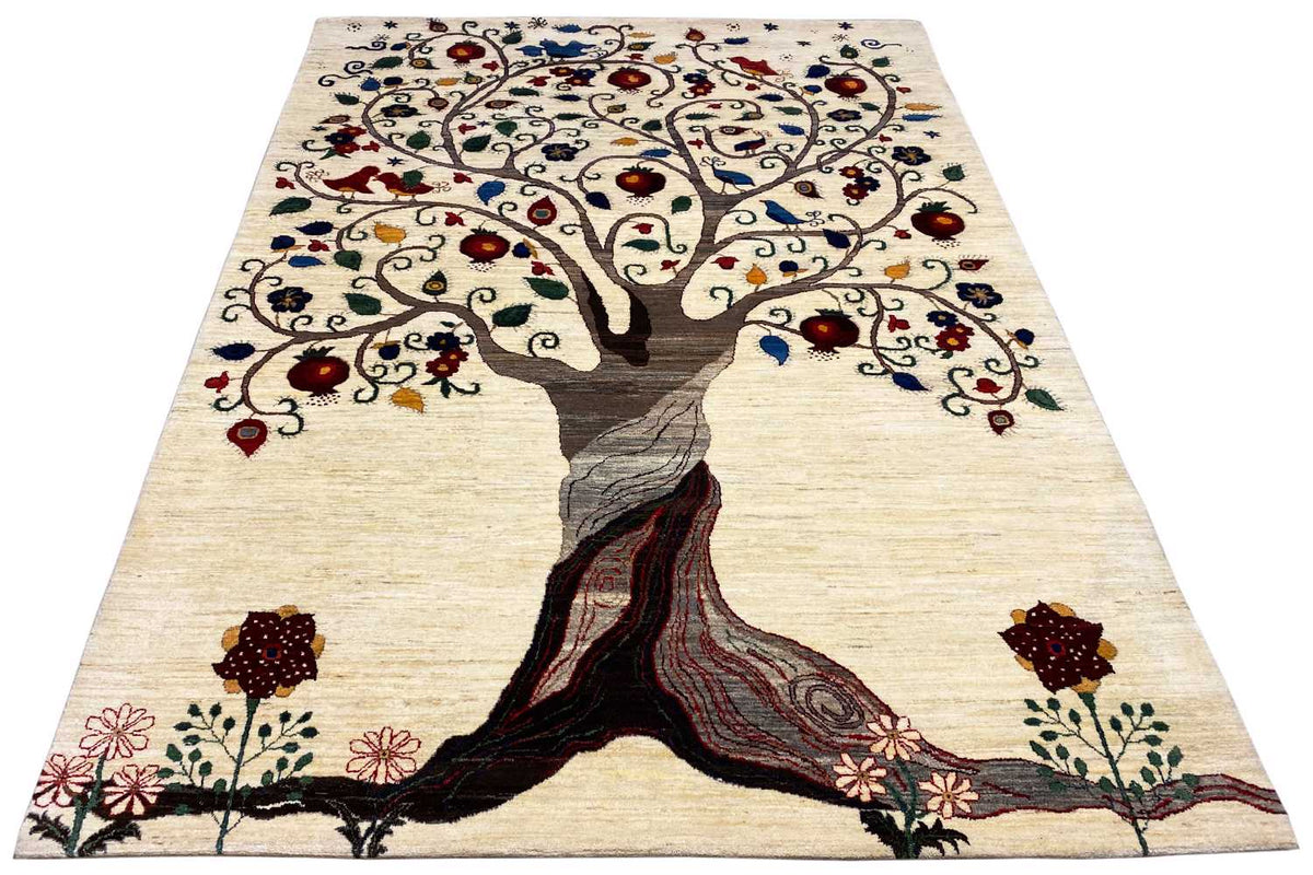 Rectangular rug with a large tree motif in brown, blue, and red on a light background