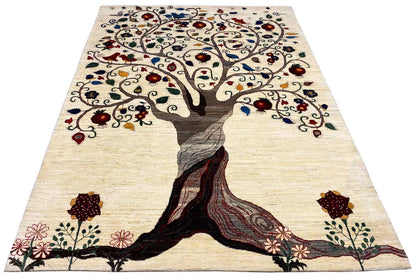 Rectangular rug with a large tree motif in brown, blue, and red on a light background