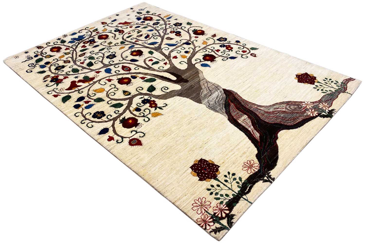 Rug in angled view with a tree crown and roots, flowers, and red accents