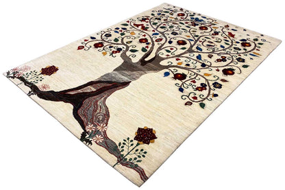 Rug with tree shadows and colorful ornaments, beige surface with dark details
