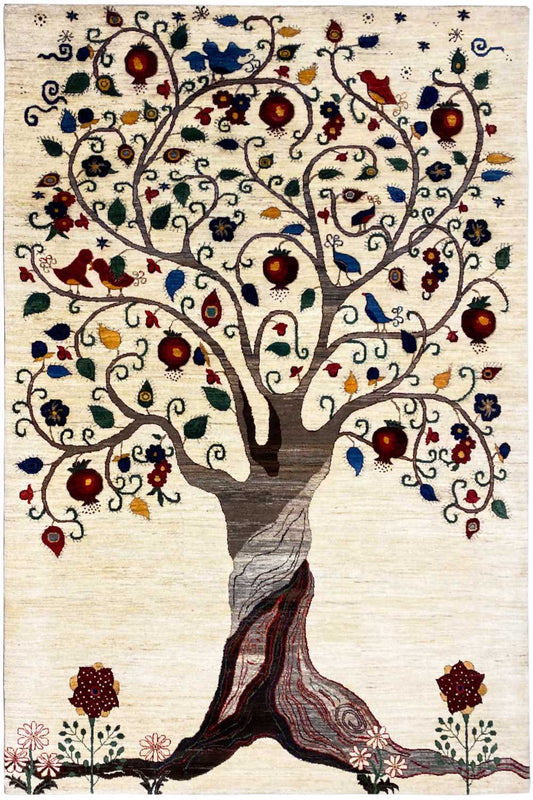 Gabbeh rug with tree motif, beige background, and colorful embellishments