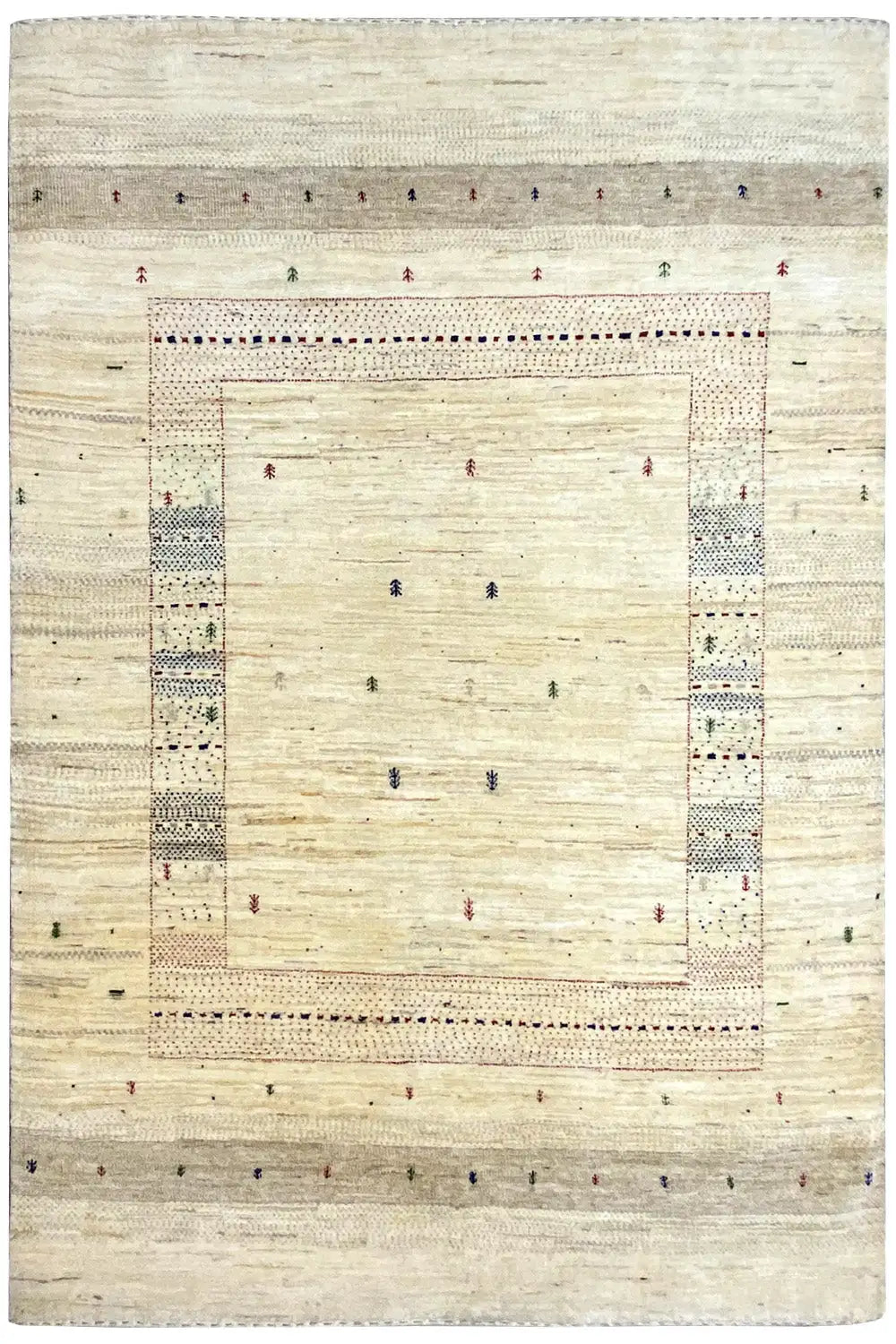 Gabbeh rug with a central square within a border, light beige appearance and colorful dots