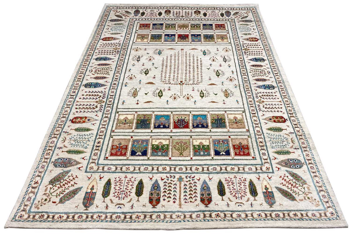 Rectangular Gabbeh rug, light beige background with colorful medallions and border motifs
