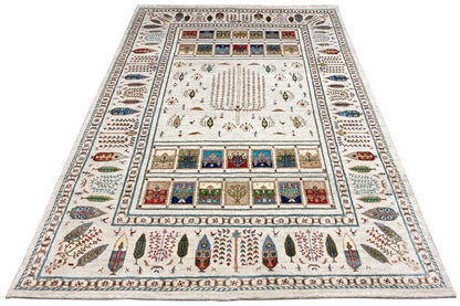 Rectangular Gabbeh rug, light beige background with colorful medallions and border motifs