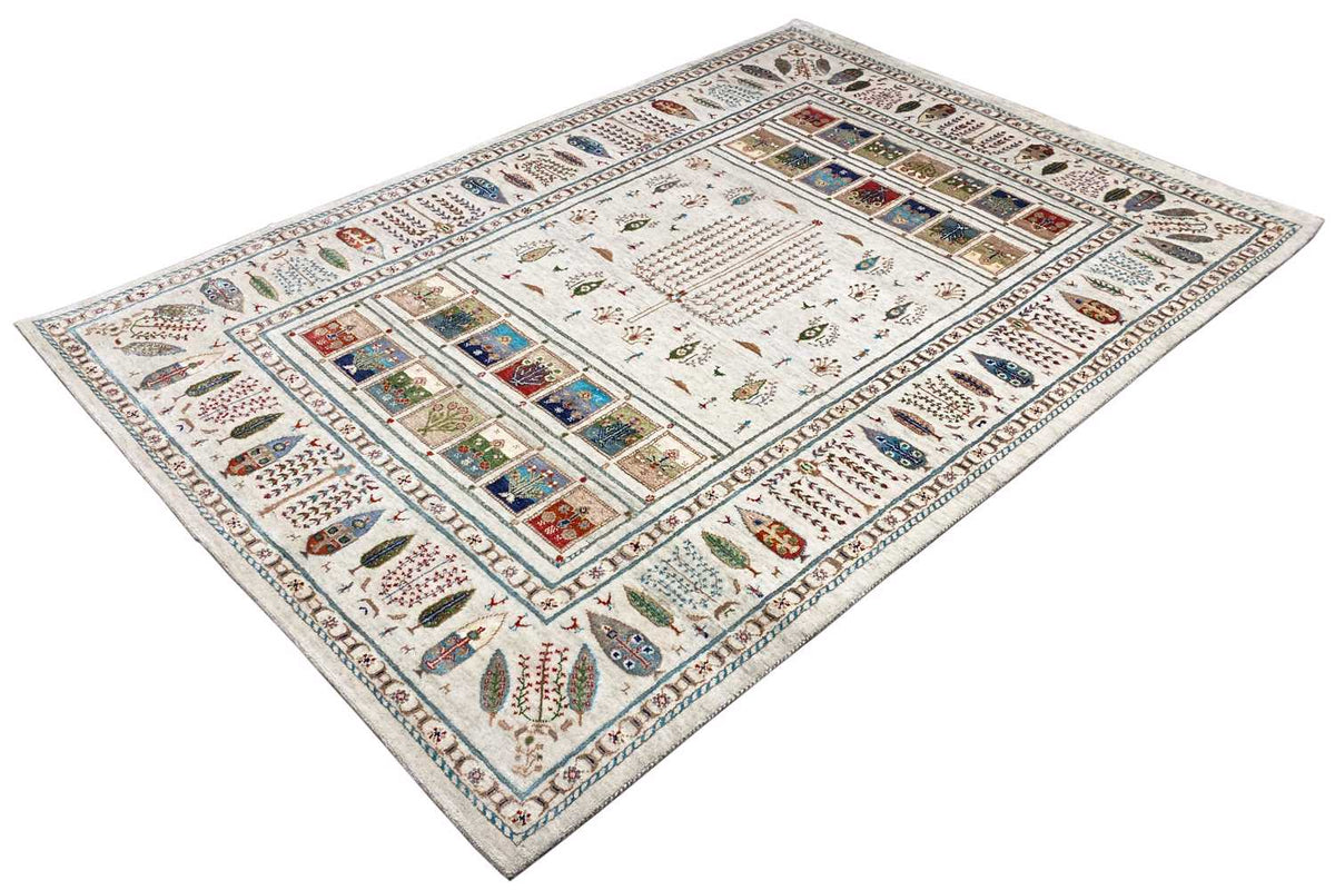 Gabbeh rug with a central medallion, colorful square panels, and an ornamental border