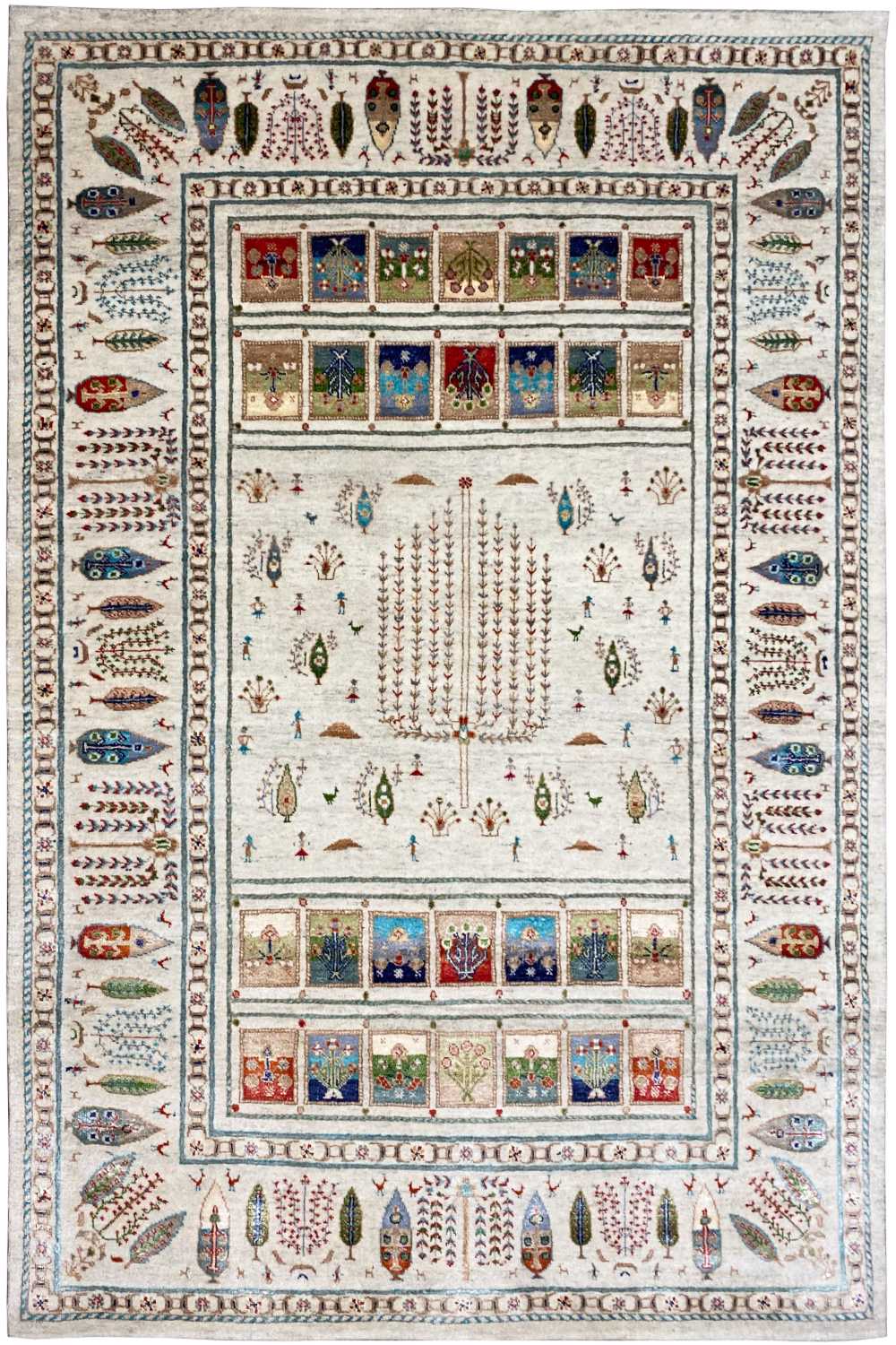Gabbeh rug with a white background, blue-red borders, and figurative motifs