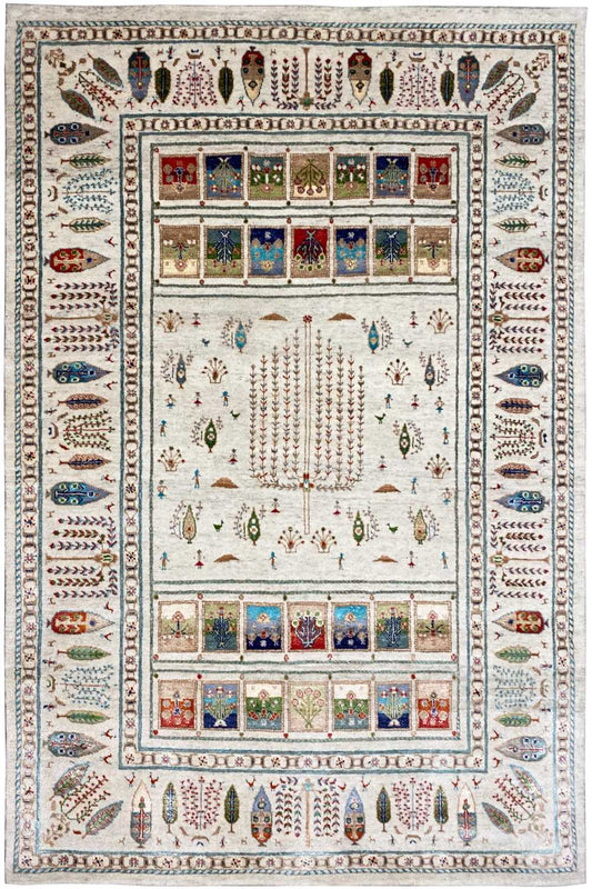 Gabbeh rug with a white background, blue-red borders, and figurative motifs