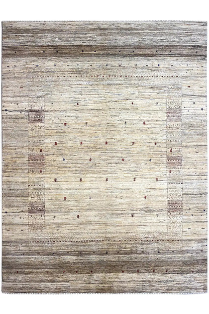 Large-scale gabbeh rug: cream, beige/gray blocks and dots