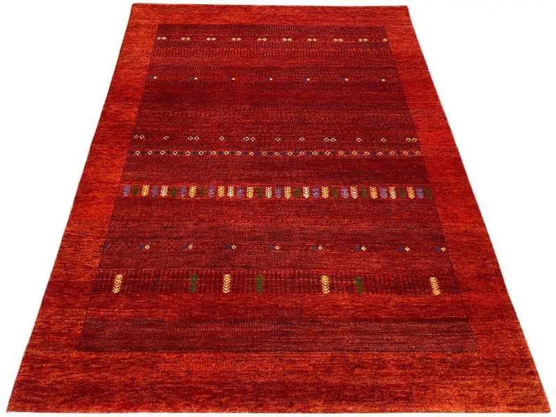 Gabbeh rug front view: red stripes with ornamental bands in yellow and green