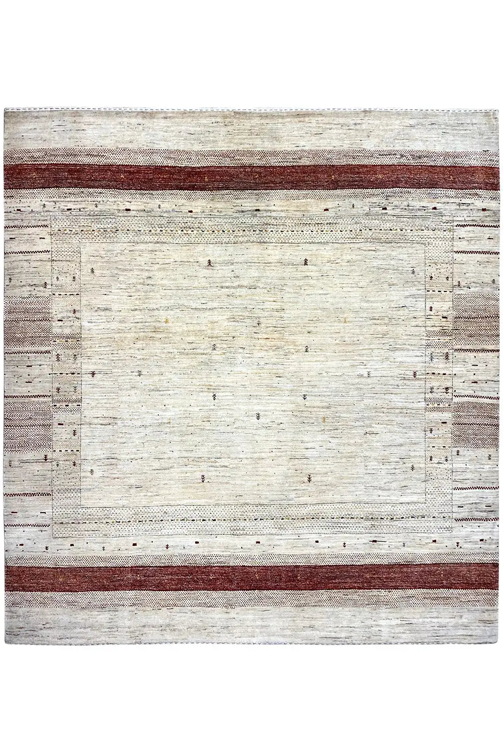 Gabbeh rug front view: cream-colored grid pattern with a burgundy border line