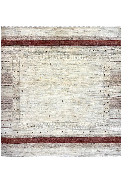 Gabbeh rug front view: cream-colored grid pattern with a burgundy border line
