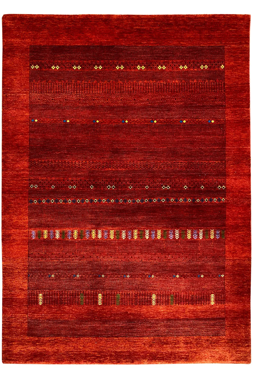 Complete Gabbeh rug: red pattern with horizontal decorative bands and colorful accents
