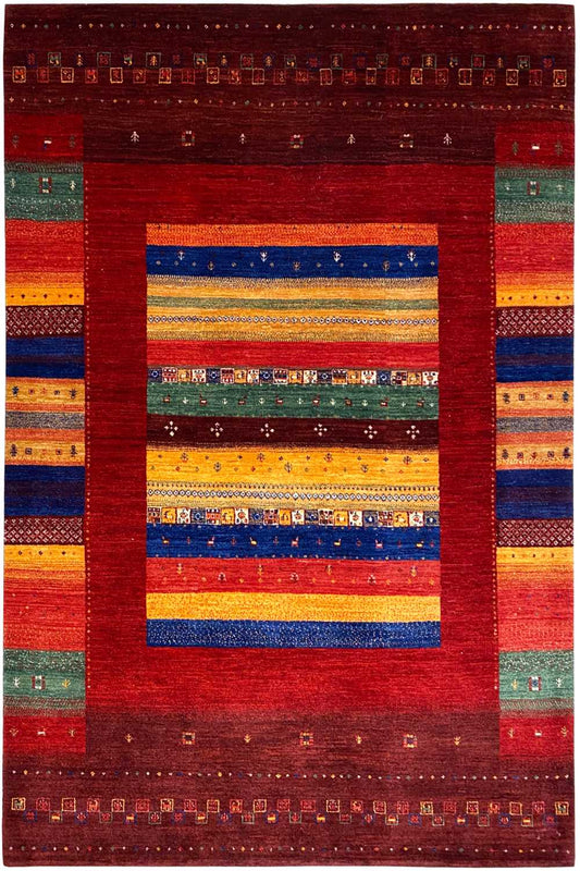 Gabbeh rug with red border and multicolored stripes, rectangular (242x174 cm)