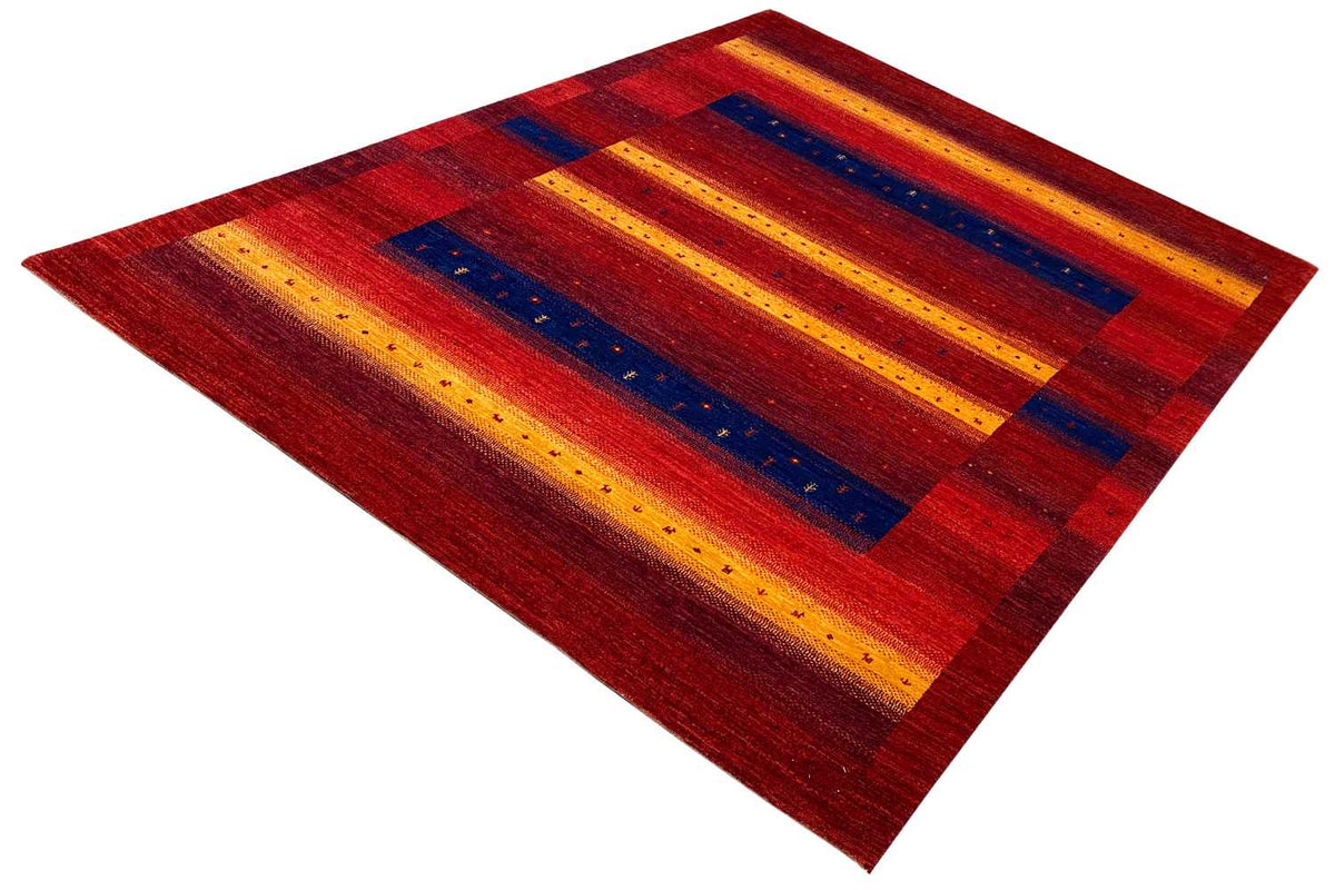 Gabbeh rug diagonal, red, yellow, and blue stripes in a block pattern