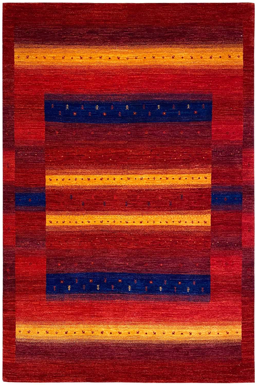 Gabbeh rug with a red striped pattern and blue accents, rectangular