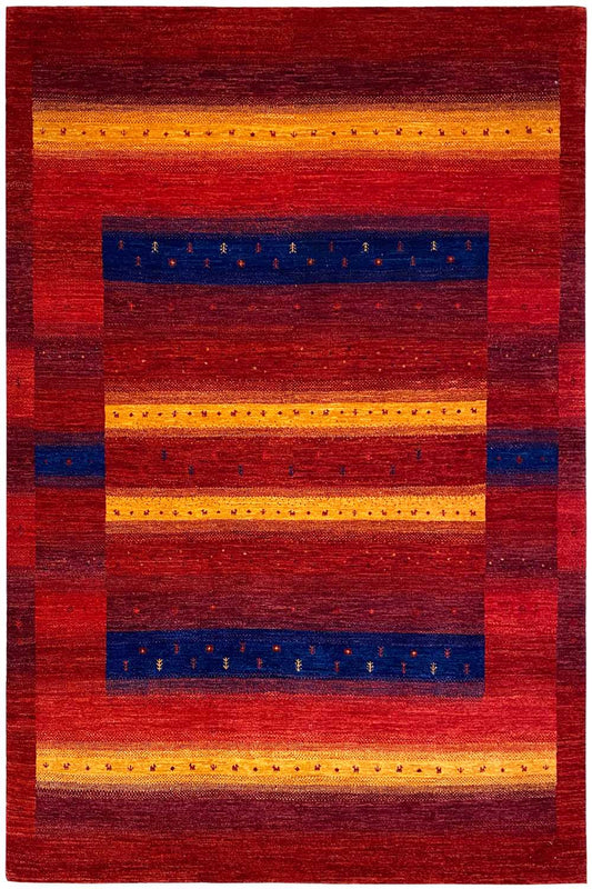 Gabbeh rug with a red striped pattern and blue accents, rectangular