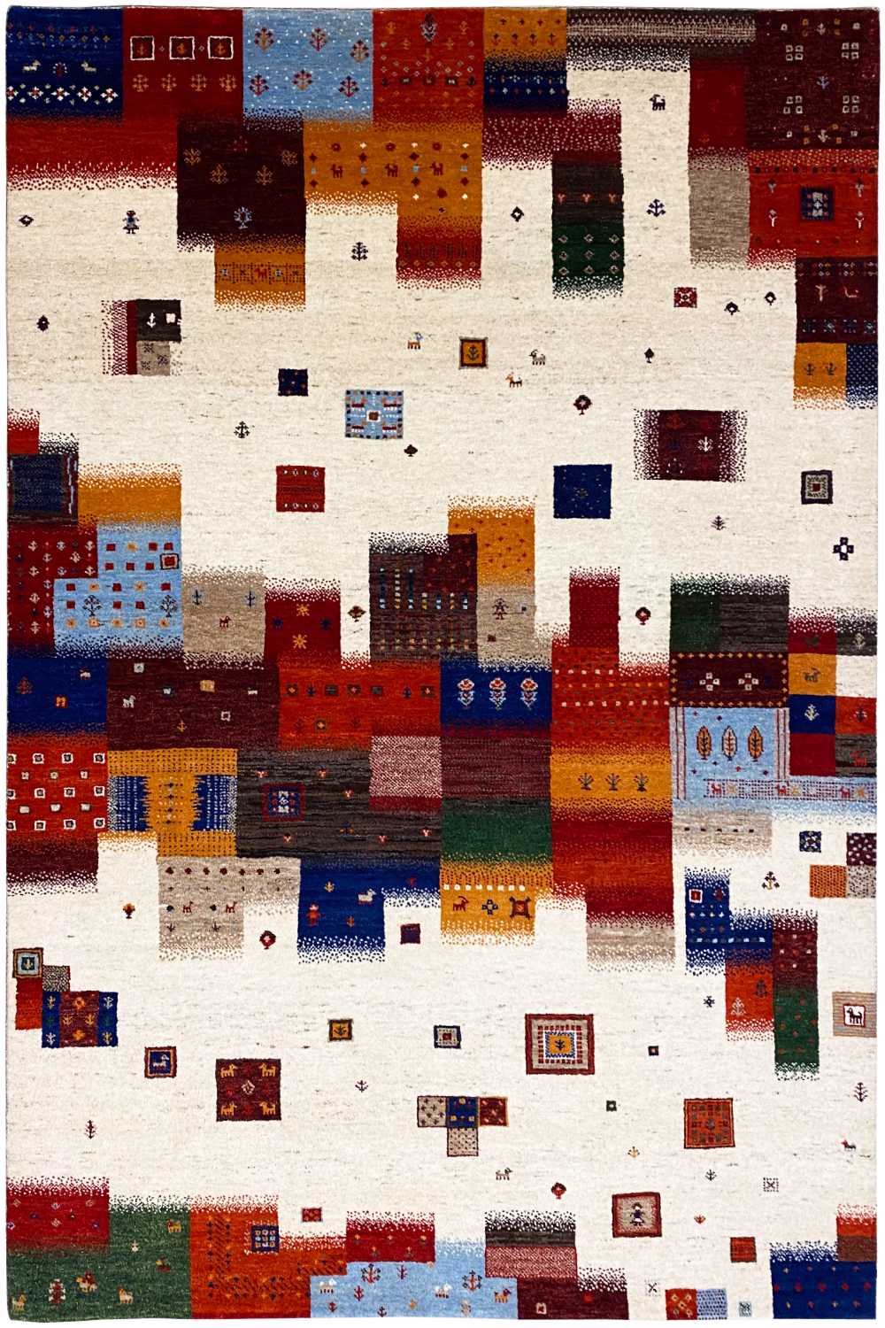 Gabbeh rug with colorful block patterns in blue, red, green, and beige on a light background