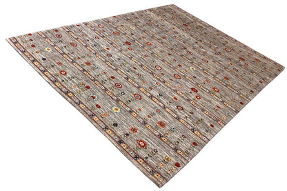 Gabbeh rug, gray patterned area with colorful rings and fine line details