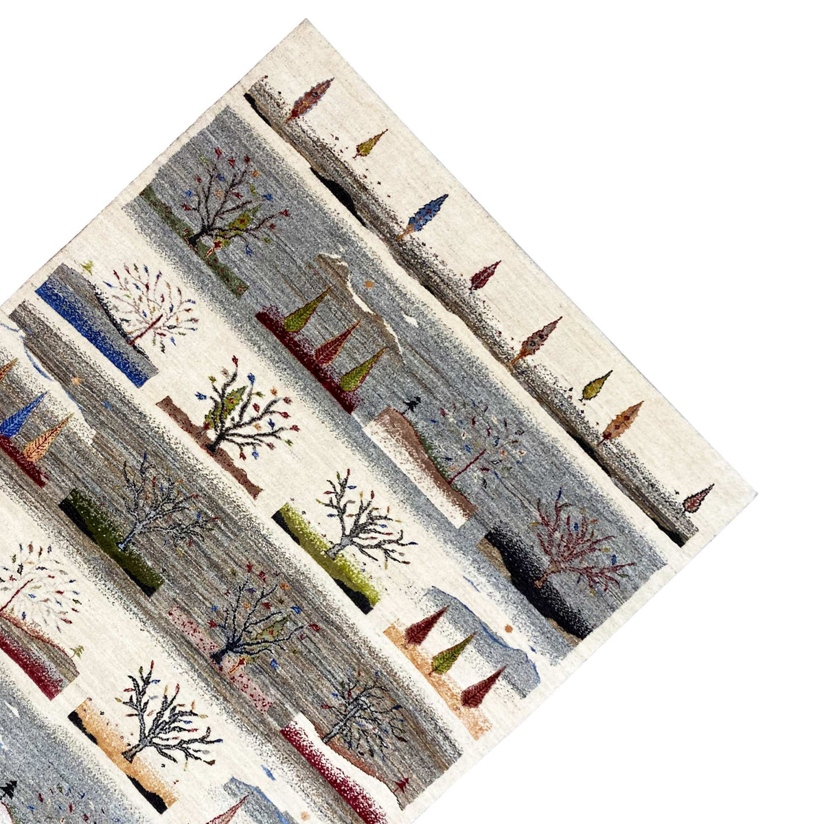 Gabbeh rug, diagonal view: striped pattern with tent and tree motifs