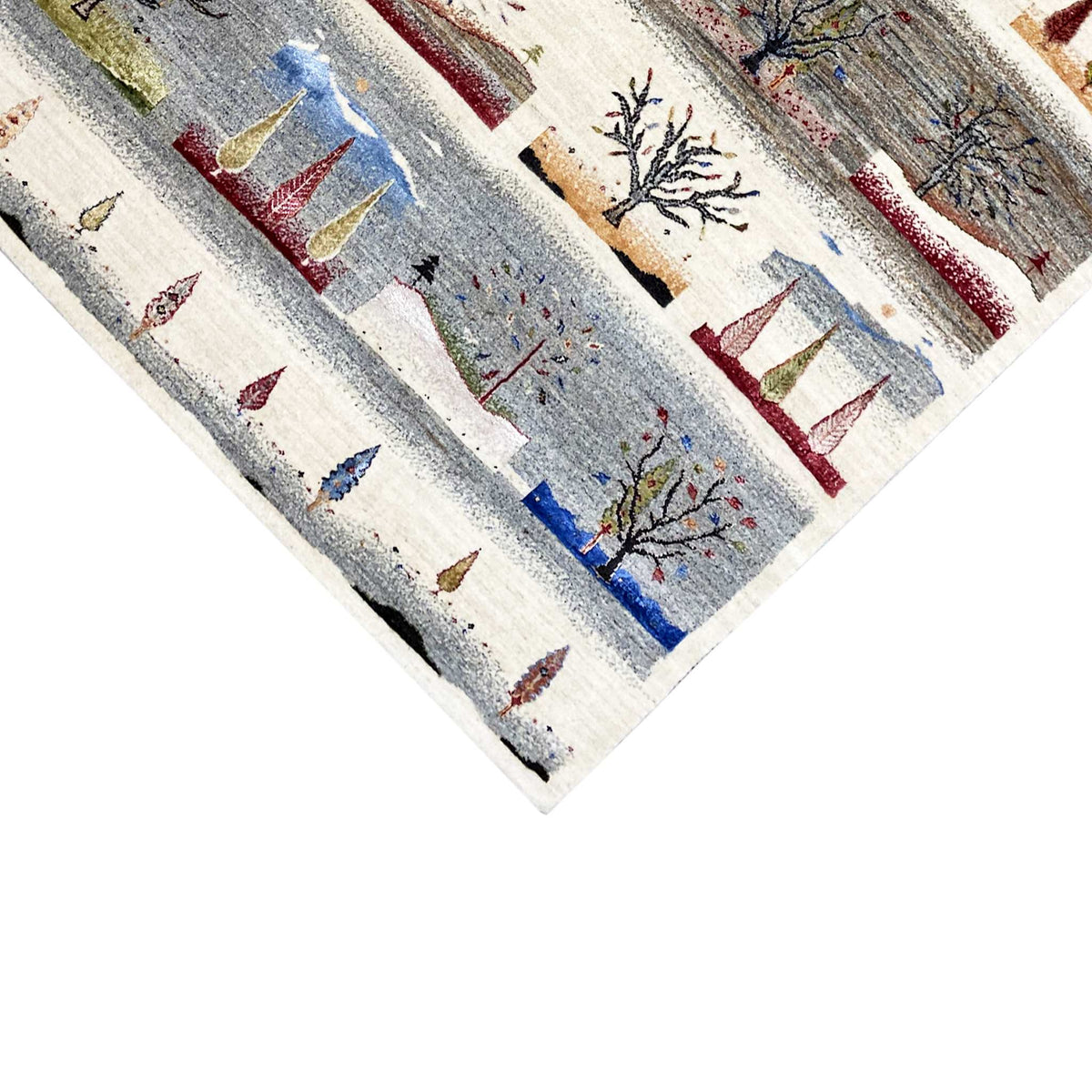 Gabbeh rug detail view: gray stripes with colorful trees and tents