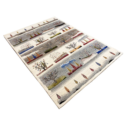 Gabbeh rug diagonal view with colorful tent shapes, trees, and houses