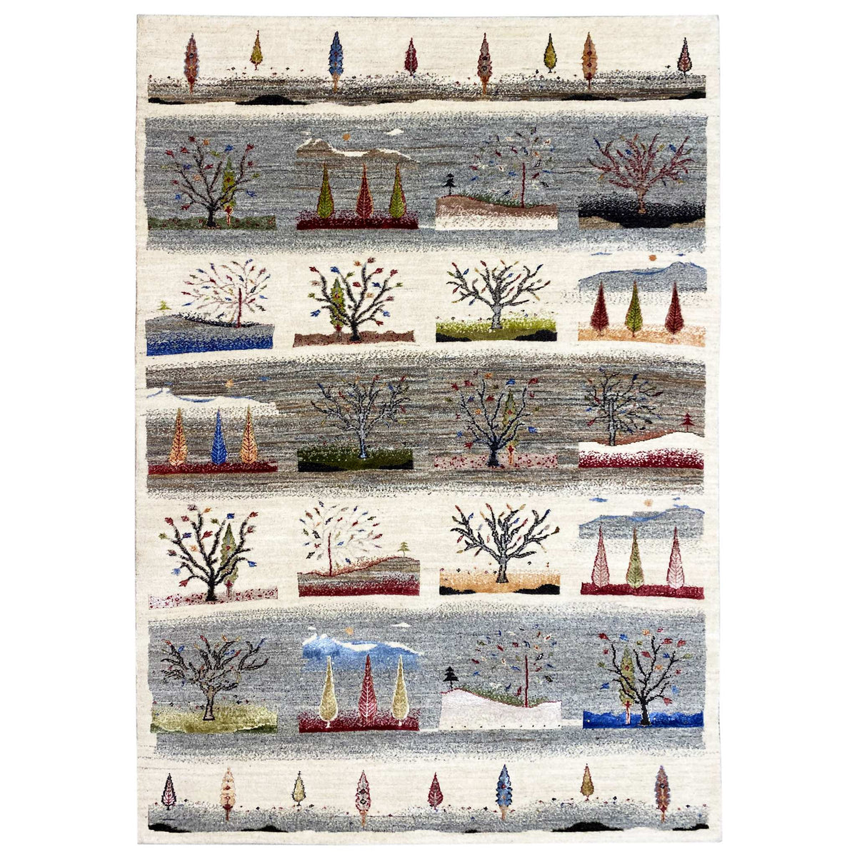 Gabbeh rug with a multicolored tree and tent motif on a light background