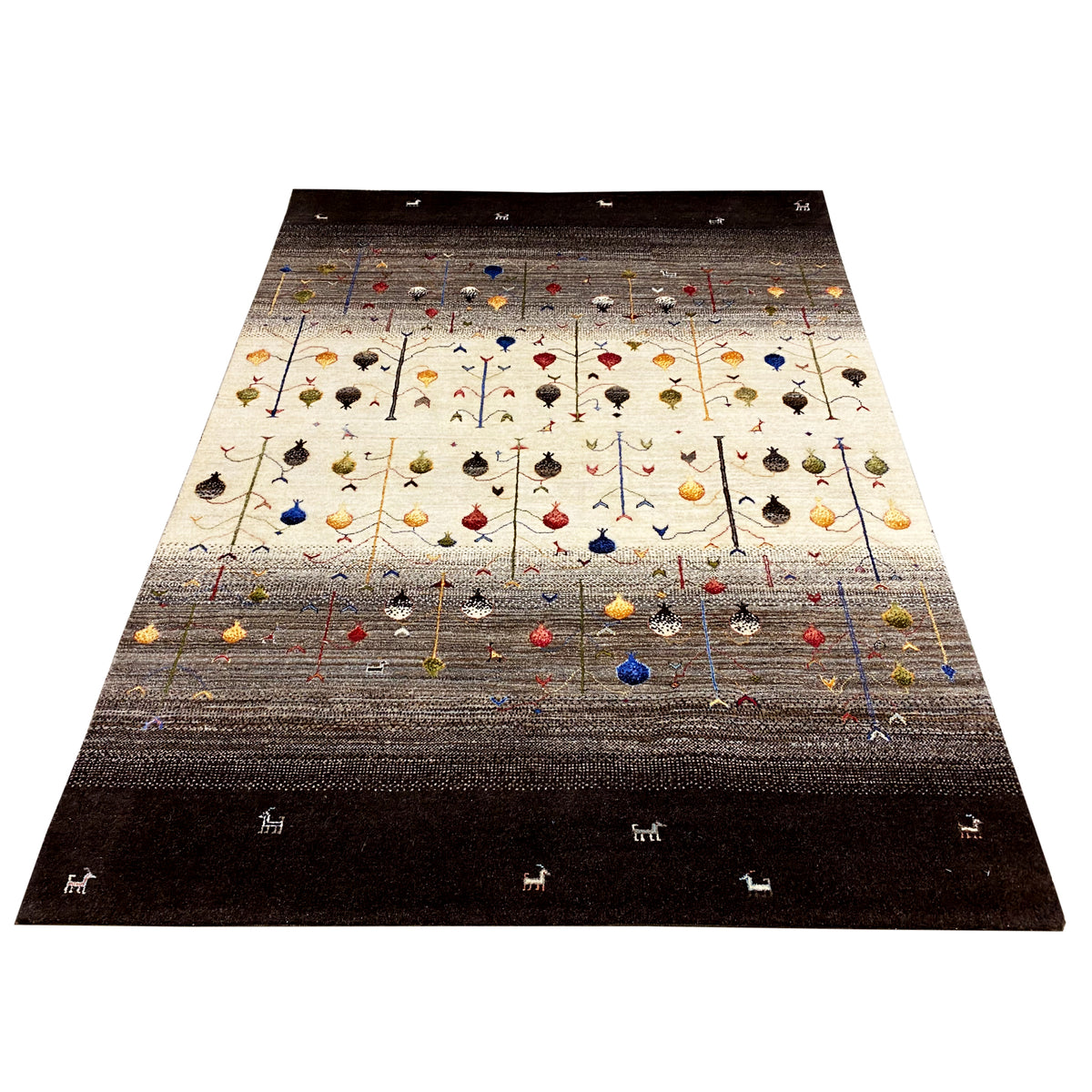 Natural-colored Gabbeh rug with multicolored ornaments and animal motifs, dark borders.