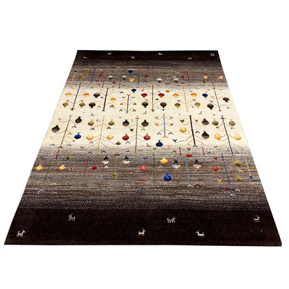 Natural-colored Gabbeh rug with multicolored ornaments and animal motifs, dark borders.