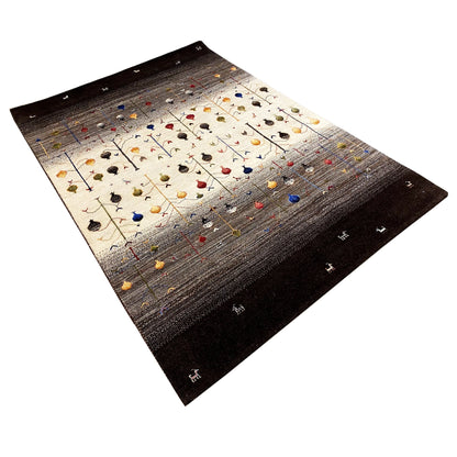 Gabbeh rug with a light patterned field, colorful animal and plant motifs, and a dark border.