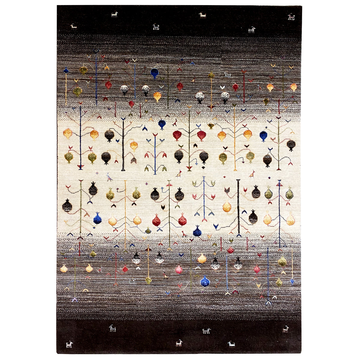 Gabbeh rug with a small-scale animal and plant motif, multicolored, dark border.