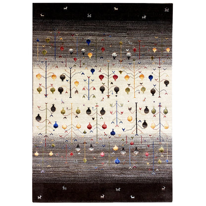 Gabbeh rug with a small-scale animal and plant motif, multicolored, dark border.